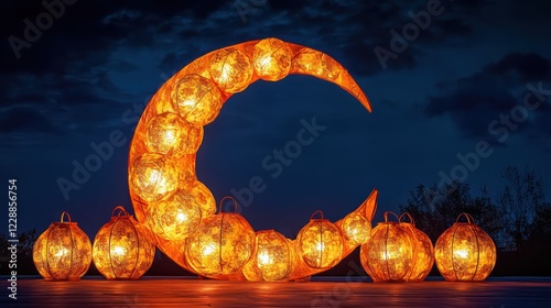 Illuminated crescent moon & pumpkins, nighttime festival photo