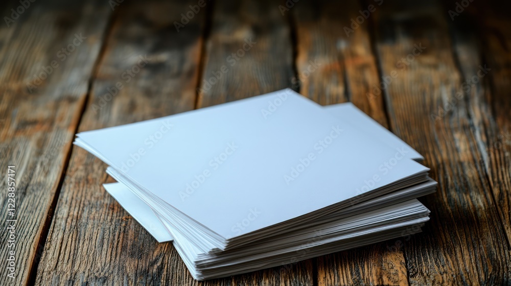 Fototapeta premium Stack of blank white papers on rustic wooden table.