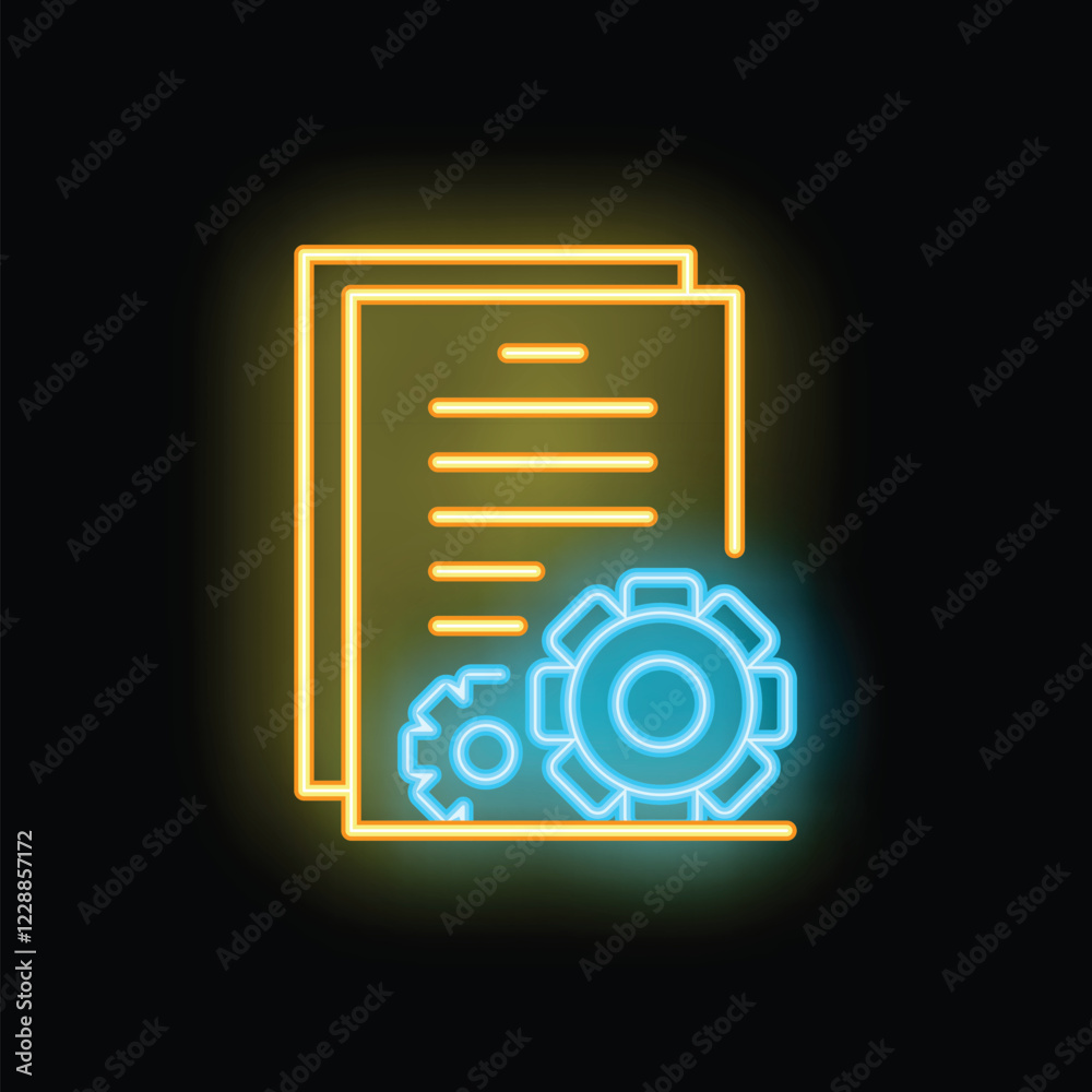 Glowing neon icon of documents with cogwheel representing project management, process automation or workflow Glowing neon icon of documents with cogwheel representing project management, process automation or workflow
