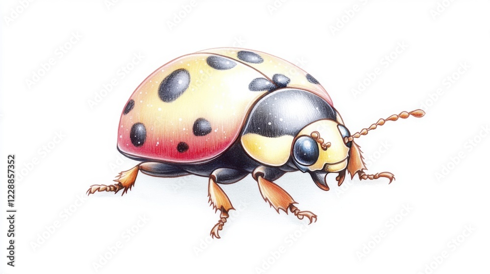 Fototapeta premium Detailed Ladybug Illustration Red Yellow Shell Black Spots White Background
