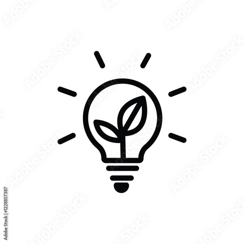 Sustainable ecological energy icon. Shining electric ecology light bulb with leaf inside. Go green lamp tube silhouette. Editable stroke. Line vector illustration.