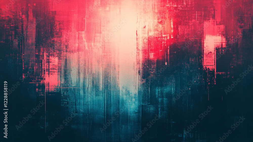 glitch grainy blue gradient background with digital noise, rough coarse texture and artifacts, minimalistic modern design with blurred blank space for captions