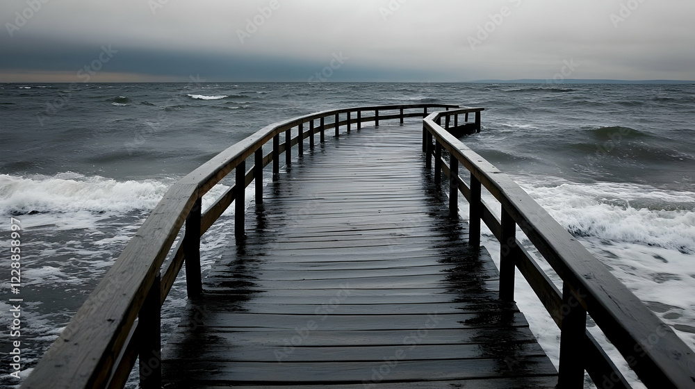 Obraz premium Stormy sea, wooden pier, coastal waves, dramatic sky; use weather, travel, loneliness