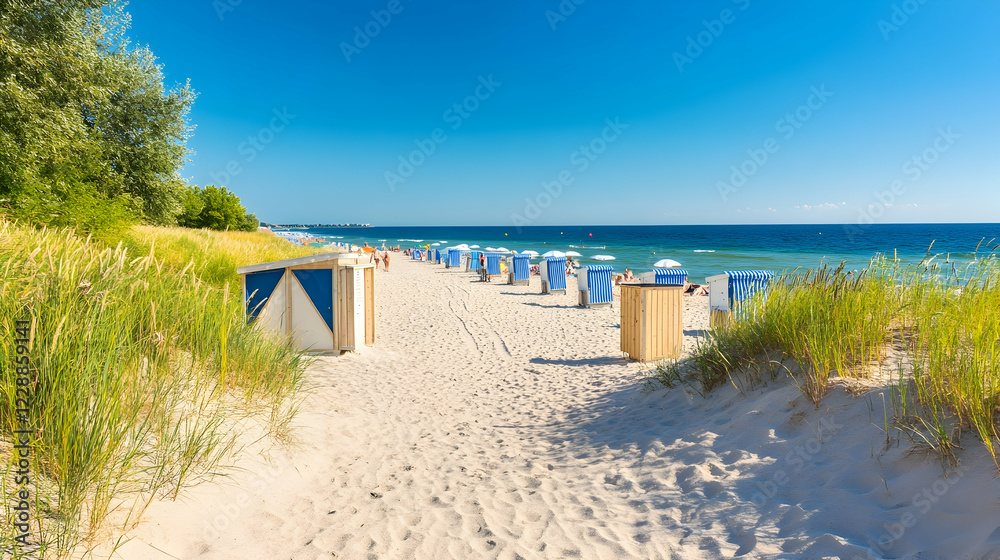 Sunny beach, Baltic Sea, people relaxing, dunes in foreground, summer vacation Sunny beach, Baltic Sea, people relaxing, dunes in foreground, summer vacation