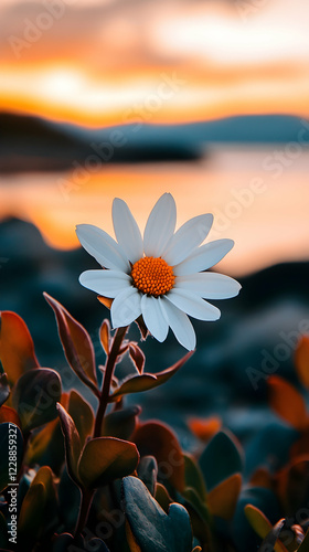 Sunset coastal daisy, serene ocean view, tranquil nature scene; ideal for calm, nature, peace themed designs photo