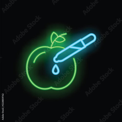 Glowing neon icon of a chemical dropper pouring a drop of liquid on an apple, representing concepts such as gmo food and genetic engineering