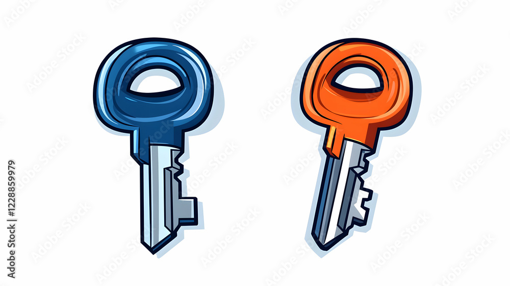Two cartoon keys, blue and orange, on white background; illustration for security, access, or home concepts Two cartoon keys, blue and orange, on white background; illustration for security, access, or home concepts