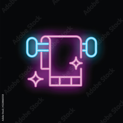 Neon towel hanging on wall rack with shining stars, concept of bathroom hygiene