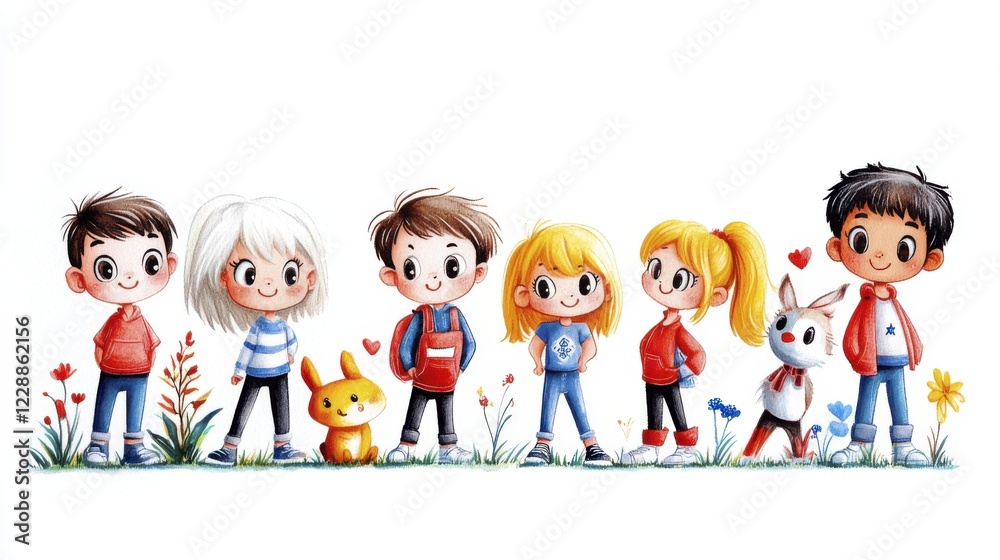Cute Cartoon Children and Pets in a Whimsical Illustration Cute Cartoon Children and Pets in a Whimsical Illustration