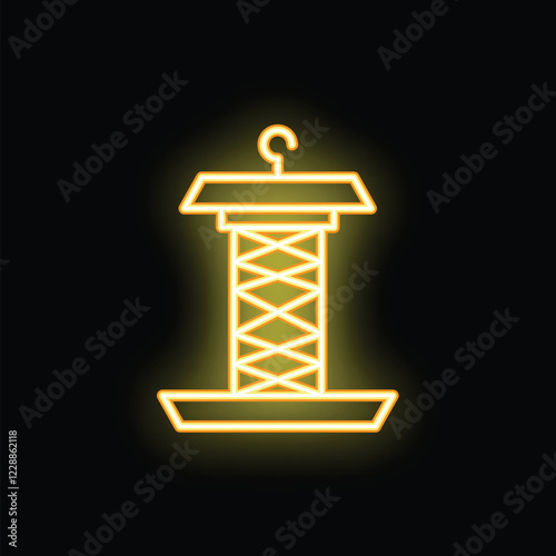 Neon sign of a classic bird feeder with a roof and a hook, glowing in the dark