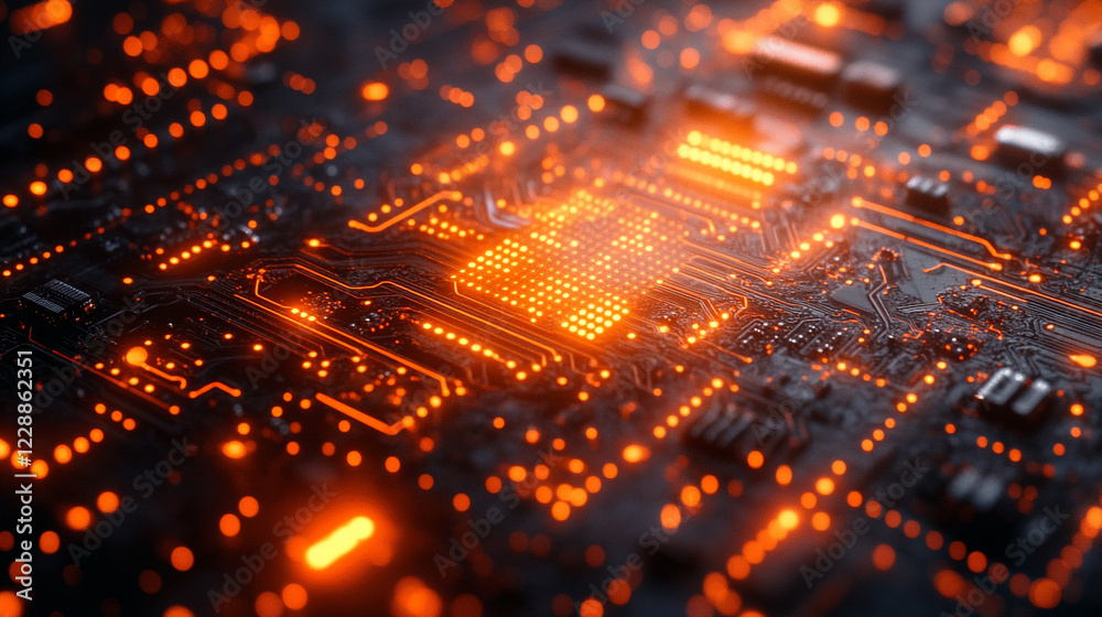 Hi-tech futuristic CPU chip on motherboard with transparent sheath over capacitor, glossy red core, modern technology background, minimalistic, bright tones, blurred space Hi-tech futuristic CPU chip on motherboard with transparent sheath over capacitor, glossy red core, modern technology background, minimalistic, bright tones, blurred space