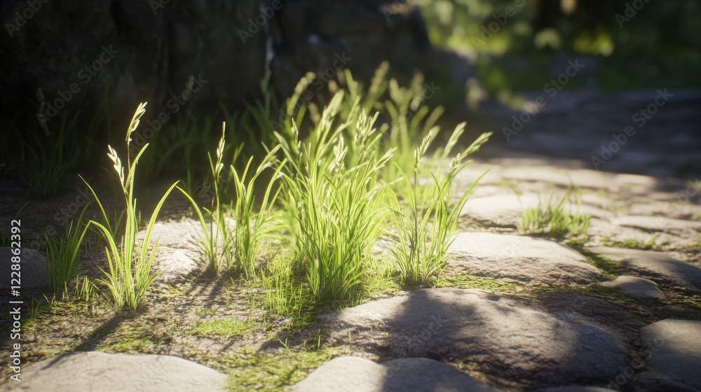 Healthy and bright green grass with sharp blade details, contrasting beautifully under natural light.