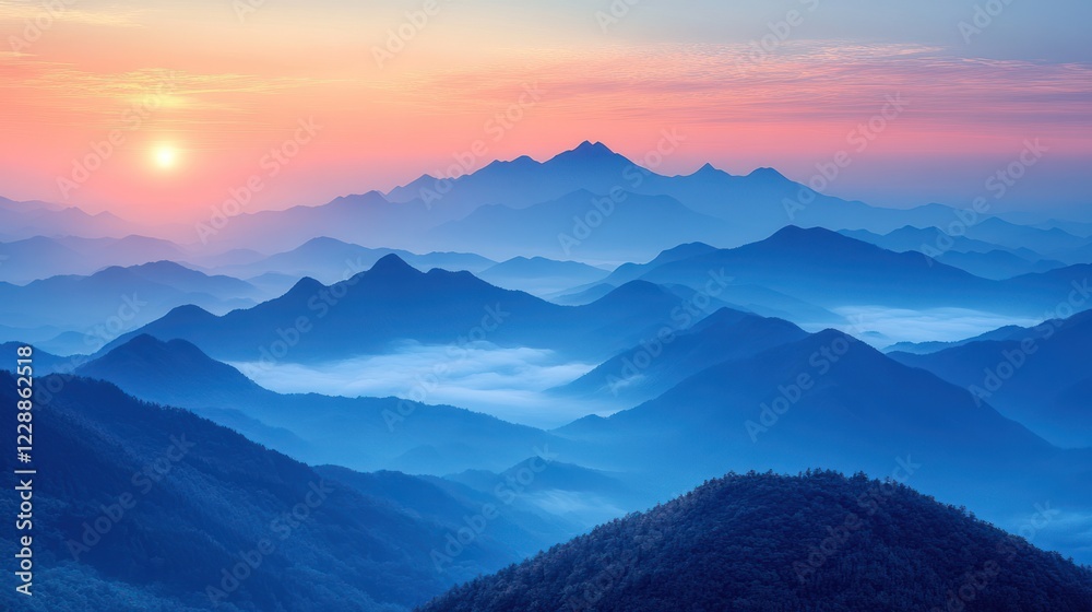 Obraz premium Sunrise over misty mountain range, scenic view