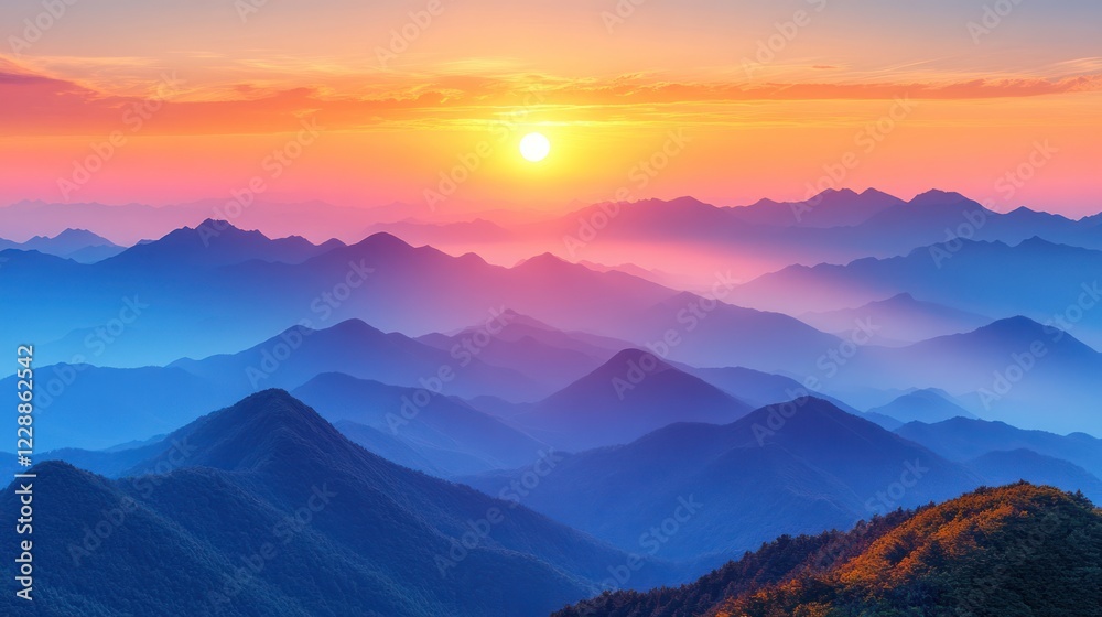Obraz premium Sunset over layered mountains, hazy vista, serenity
