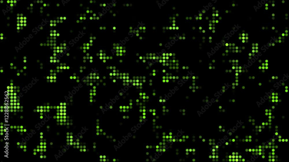 A futuristic green digital motion background featuring glowing pixel dots on a dark backdrop. Perfect for technology-themed videos, AI and data visualizations, sci-fi intros, cybersecurity concepts.