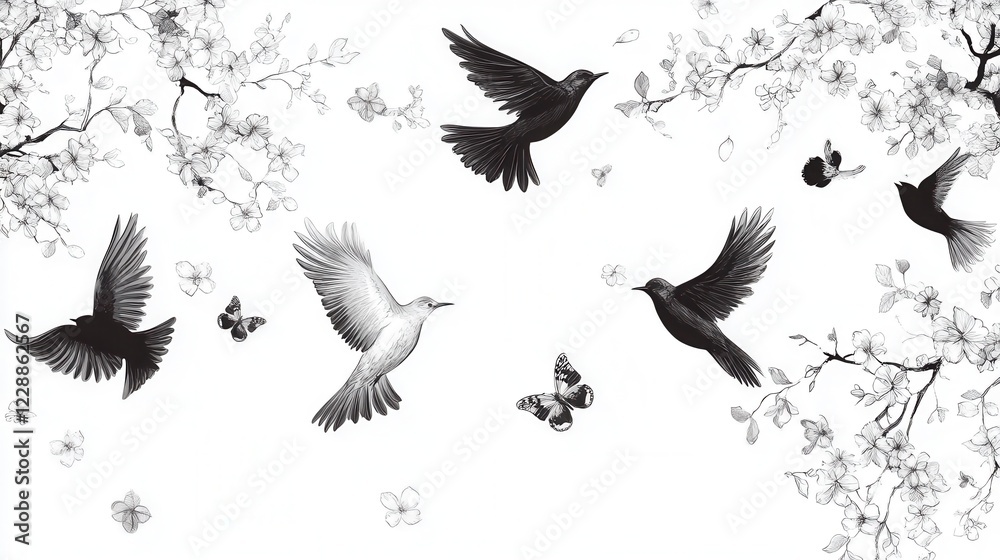 Fototapeta premium Birds in Flight with Cherry Blossoms.