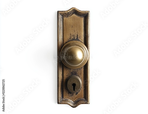 Antique brass door knob and keyhole on a rectangular plate.