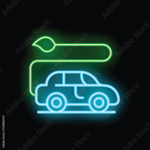Neon sign of electric car charging with green leaf symbol glowing on black background