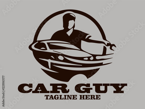 car guy with a classic car roams the streets. true car enthusiast,  This illustration is perfect to use as a logo for a car repair shop, t-shirt design,  any other design element related to automotive