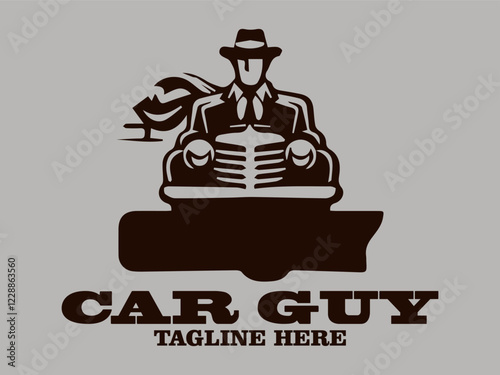 car guy with a classic car roams the streets. true car enthusiast,  This illustration is perfect to use as a logo for a car repair shop, t-shirt design,  any other design element related to automotive