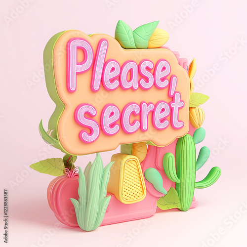 Please secret playful typography, pastel please secret design, please secret decorative text art. Whimsical pastel typography decor.