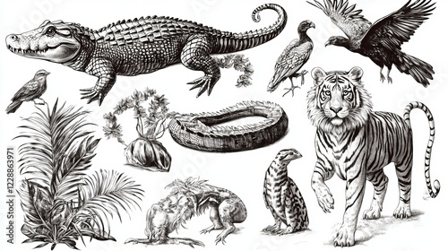 Set of tropical animals, crocodile, tigers, boa and birds. Detailed realistic hand-drawn illustration in retro engraving style. --ar 16:9 --v 6.1 Job ID: 77c1568a-34a1-4b26-bd50-632634e53f77 photo