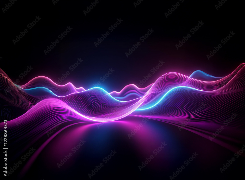 Fototapeta premium Abstract digital art depicting glowing neon waves in vibrant pink and blue hues across a dark background, creating a dynamic and futuristic landscape. The smooth curves and reflections suggest a sens
