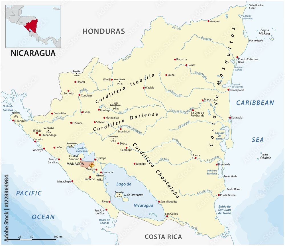 Vector map of the Central American state of Nicaragua