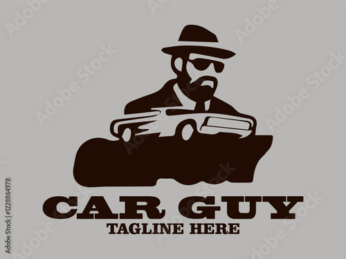 car guy with a classic car roams the streets. true car enthusiast,  This illustration is perfect to use as a logo for a car repair shop, t-shirt design,  any other design element related to automotive