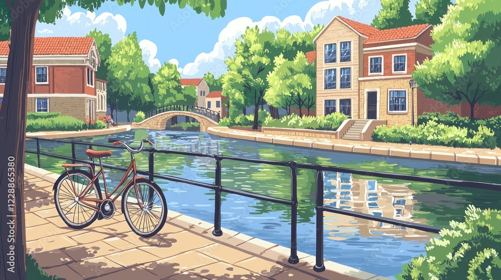 Fototapeta premium Summer canal-side townhouses, bike, sunny day. Ideal for real estate or travel brochures