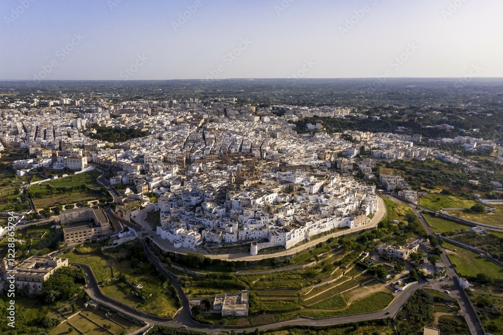 Fototapeta premium Aerial view, mountain village Ostuni, region Brindisi, Apulia, Italy, Europe