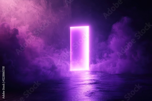 Purple smoke bathed stage with subtle light effects, featuring a brightly lit purple door in a dark background.