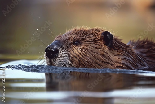 Wild beaver swimming in lake. Generative AI, AI generated photo