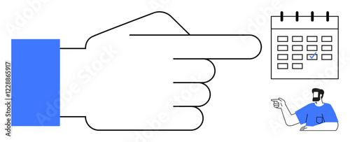 A large hand points at a calendar with a marked date, while a small figure gestures similarly. Ideal for productivity, reminders, planning, appointments, deadlines, time management, organization