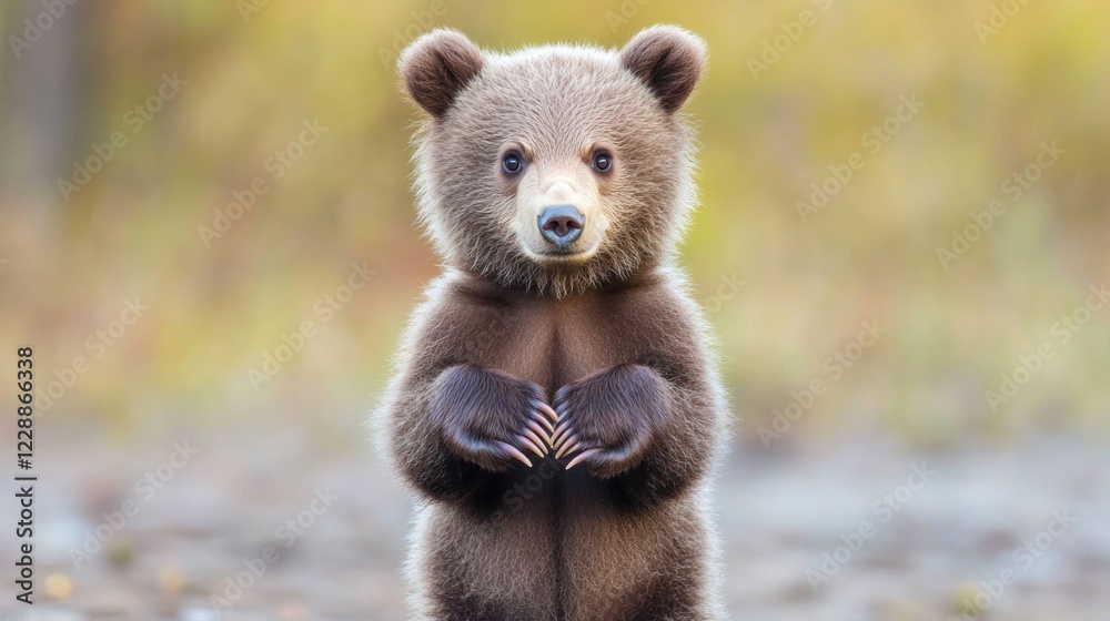 Fototapeta premium Adorable brown bear cub standing on hind legs in autumn forest. (2)