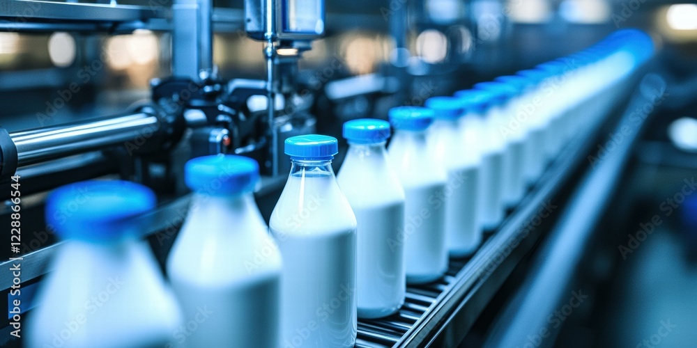 Milk bottles on a conveyor belt. AI. Milk bottles on a conveyor belt. AI.