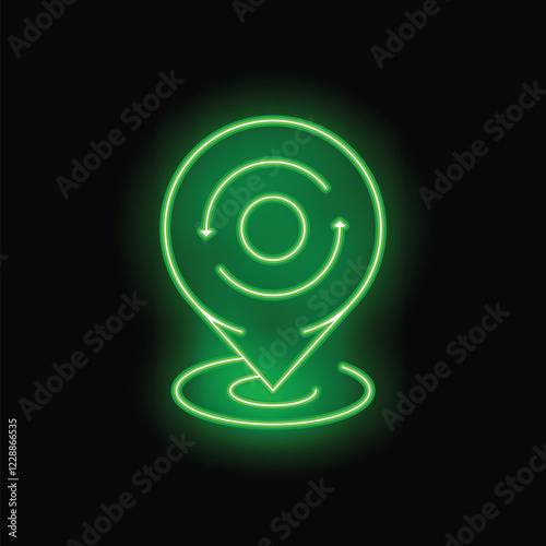 Neon green glowing location pin with rotating arrows icon on a black background