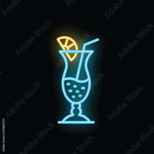 Neon sign illuminating a cocktail with an orange slice and a straw against a black background