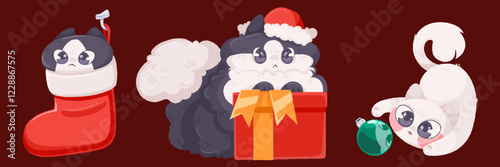 Playful Christmas cats set isolated on background. Vector cartoon illustration of funny pets wearing Santa hat, sweet kitty hiding in gift sock, playing with Xmas tree toy, greeting card mascots
