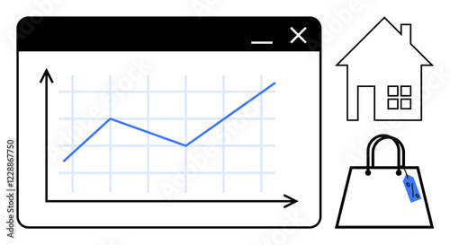 Blue line graph ascending in a browser window, next to house icon and shopping bag with a blue tag. Ideal for finance, real estate, e-commerce, growth, sales, investment trends. Abstract line flat