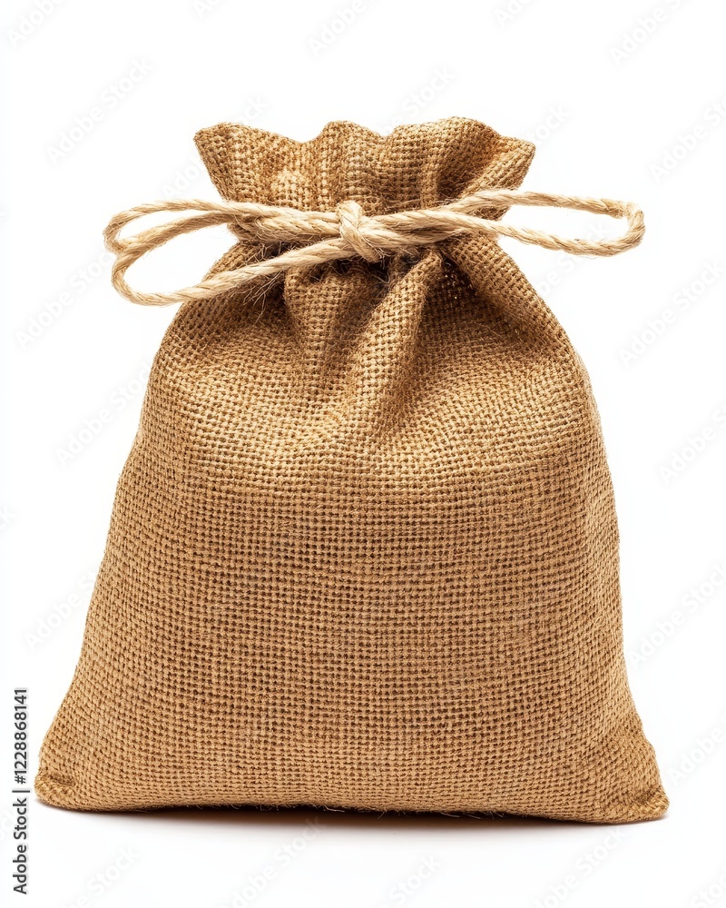 Small burlap sack tied with twine, isolated on white. Small burlap sack tied with twine, isolated on white.