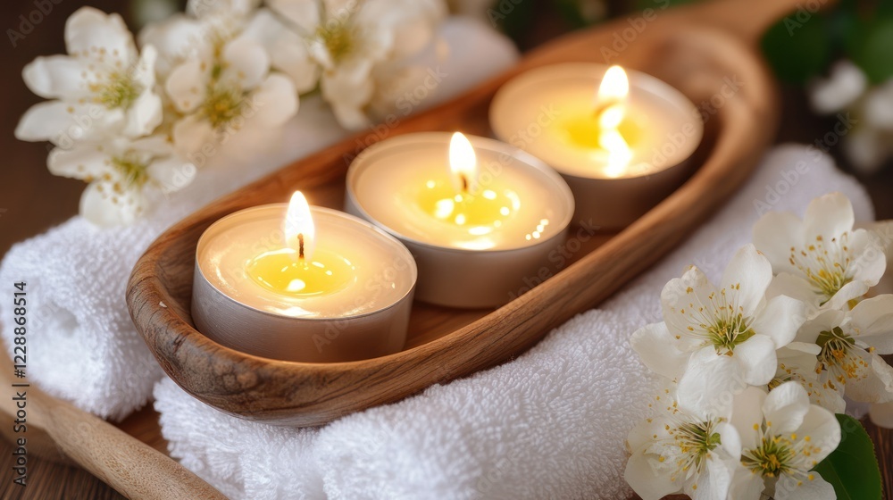 Spa candles burning, flowers, towels, wooden tray, relaxation Spa candles burning, flowers, towels, wooden tray, relaxation