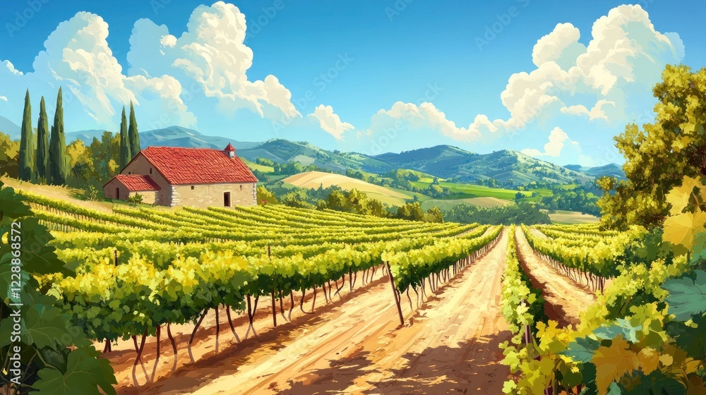 Naklejka premium Tuscan Vineyard Summer Landscape Dirt road between rows of grapevines, a farmhouse, and rolling hills under a bright sky. Ideal for travel brochures