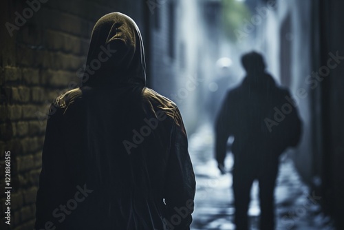 Obraz na płótnie Back view of person covered in hood following a man in dark alles at night during rain. Stalking and crime concept. KI generiert, generiert AI generated w salonie