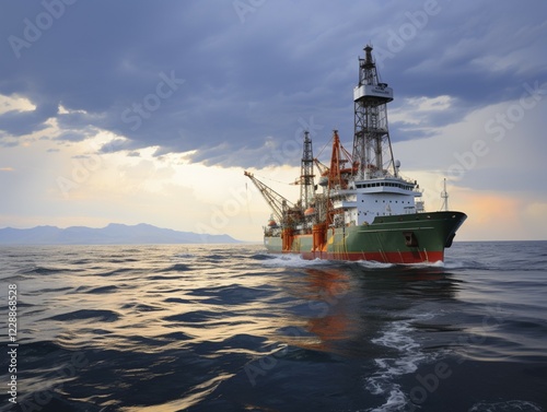 Offshore drilling ship in the ocean with the sun setting behind clouds, AI generated photo