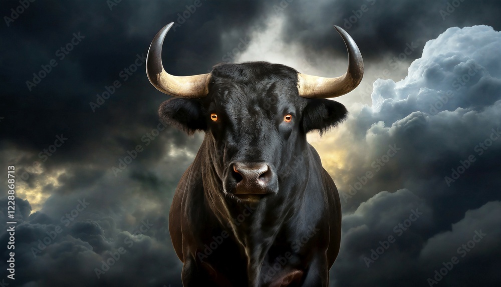 Naklejka premium Black bull with glowing eyes in front of threatening dark clouds and stormy sky, AI generated, AI generated