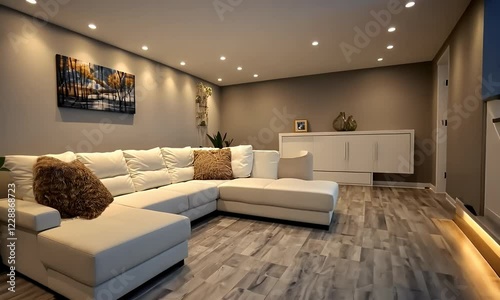 Modern basement lounge, stairs, recessed lighting, artwork