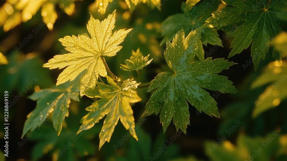 A close-up of dew drops on soft green leaves, illuminated by the golden light of morning. Natural and serene. A close-up of dew drops on soft green leaves, illuminated by the golden light of morning. Natural and serene.