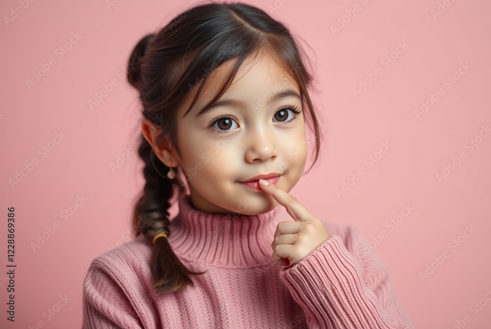 Cute Young Girl with Braided Hair Posing Thoughtfully Against Soft Pink Background Cute Young Girl with Braided Hair Posing Thoughtfully Against Soft Pink Background