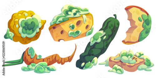 Rotten food with moldy lemon, cheese slice in fungus, decomposed carrot with green spots, spoiled cucumber, apple with decay patches. Set of deteriorated products with various stages of decomposition.